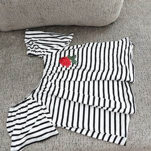 Black And White Striped Top W/ Embroidered Rose S